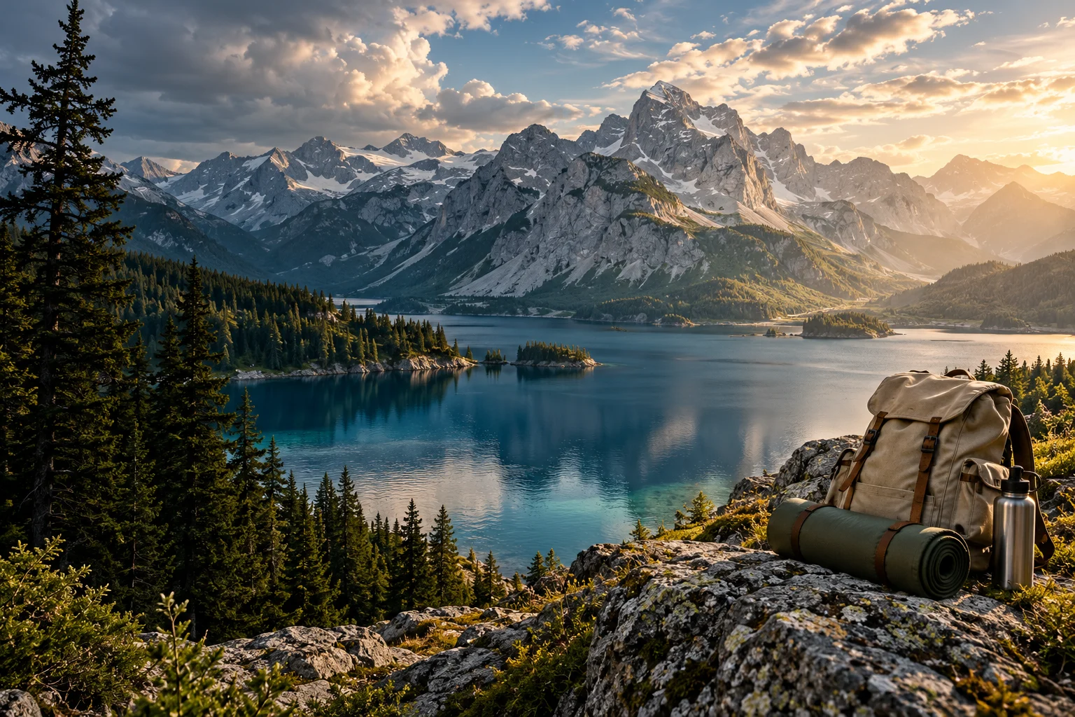 Alpine Berglandschaft mit See und Outdoor-Ausrüstung – KI-generiertes Stimmungsbild